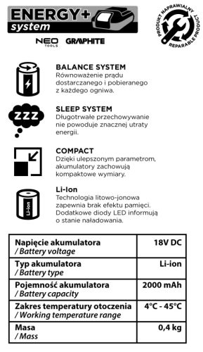 Graphite Akkumulátor 2Ah, ENERGY+ egyakkus rendszerhez, 18V, Boost Up