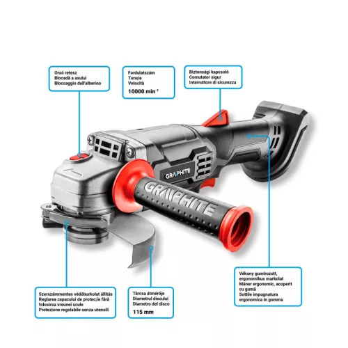 Graphite Akkus sarokcsiszoló alapgép, 115mm Energy+ (18V) (akku és töltő nélkül)