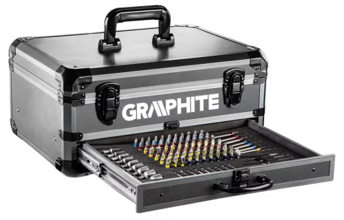 Graphite Akkus cserélhető tokmyányos fúró-, csavarozó, 44Nm  109db tartozékkal kofferben, Energy+ (18V) akkuval, töltővel