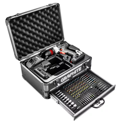 Graphite Akkus cserélhető tokmyányos fúró-, csavarozó, 44Nm  109db tartozékkal kofferben, Energy+ (18V) akkuval, töltővel