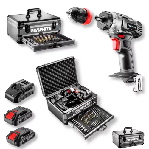 Graphite Akkus cserélhető tokmyányos fúró-, csavarozó, 44Nm  109db tartozékkal kofferben, Energy+ (18V) akkuval, töltővel