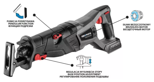 Graphite Akkus szénkefementes orrfűrész alapgép, Energy+ (18V) (akku és töltő nélkül)