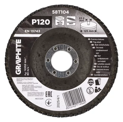 Graphite Csiszolókorong lamellás 125x22,2mm, P120 inox, fém, fa