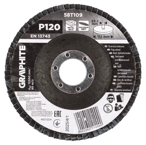 Graphite Csiszolókorong lamellás 115x22,2mm, P120 inox, fém, fa