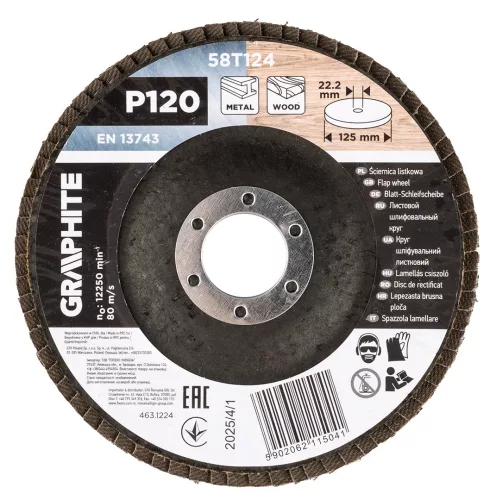 Graphite Csiszolókorong lamellás 125x22,2mm, P120 fém, fa