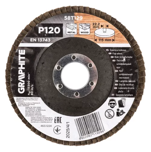 Graphite Csiszolókorong lamellás 115x22,2mm, P120 fém, fa