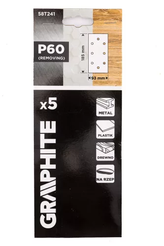 Graphite Csiszolópapír tépőzáras 93x185mm, P60, 8 lyukas, 5db
