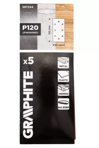 Graphite Csiszolópapír tépőzáras 93x185mm, P120, 8 lyukas, 5db
