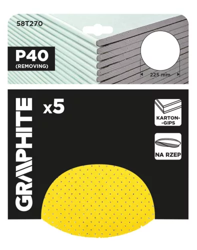 Graphite Csiszolókorong perforált, tépőzáras 225mm, P40, 5db