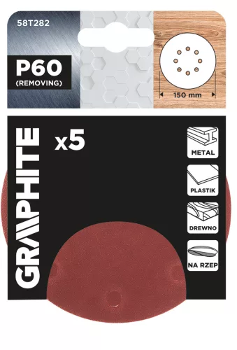 Graphite Csiszolókorong tépőzáras 150mm, P60, 8 lyukkal, 5db
