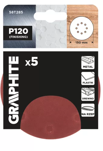 Graphite Csiszolókorong tépőzáras 150mm, P120, 8 lyukkal, 5db