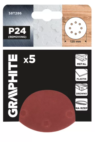 Graphite Csiszolókorong tépőzáras 125mm, P24, 8 lyukkal, 5db