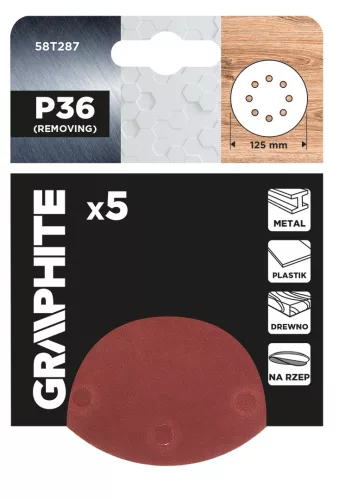 Graphite Csiszolókorong tépőzáras 125mm, P36, 8 lyukkal, 5db