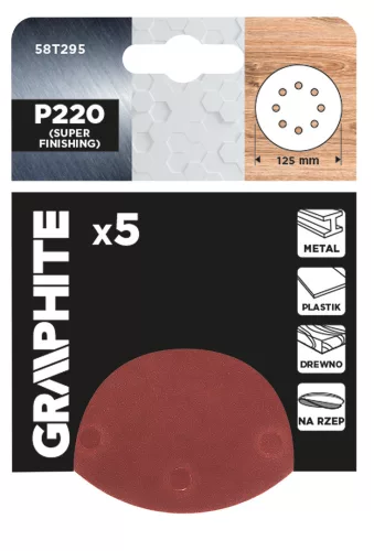 Graphite Csiszolókorong tépőzáras 125mm, P220, 8 lyukkal, 5db