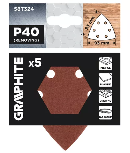 Graphite Csiszolópapír tépőzáras deltacsiszolóhoz 93x93mm, P40, 6 lyukas, 5db