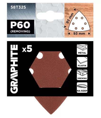 Graphite Csiszolópapír tépőzáras deltacsiszolóhoz 93x93mm, P60, 6 lyukas, 5db