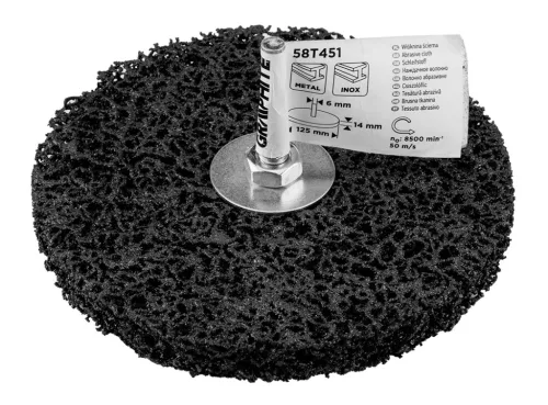 Graphite Tisztítókorong szilikon karbidos műanyag szálakkal, fémcsiszoláshoz, 125x14x6mm, csapos, fúrógépekhez