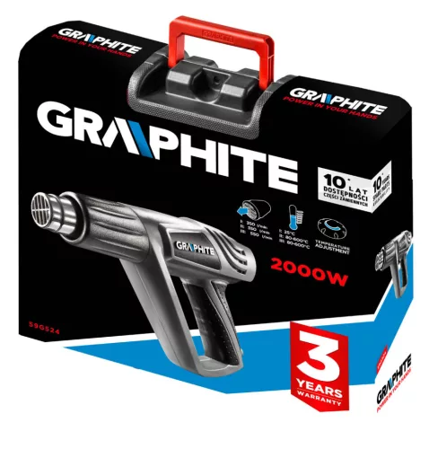 Graphite Hőlégfúvó 2000W, hőfokszabályzós I:25C, II: 80-600C, III: 80-600C, kofferben 5db kiegészítővel