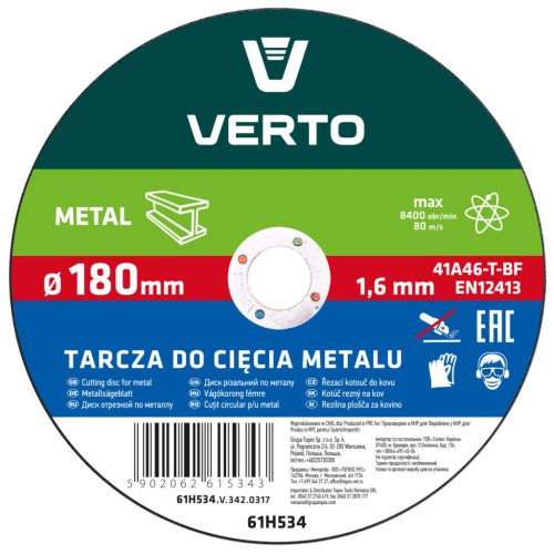 Verto Vágókorong fémhez 180x1.6x22mm