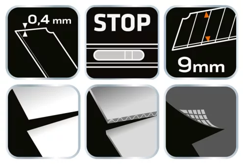 Neo Tools Törhető pengés kés 9mm, fém vezetősín