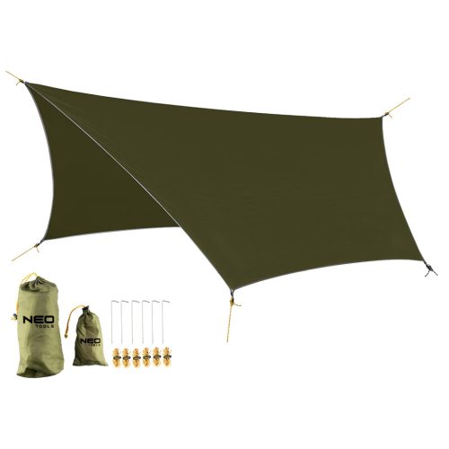Neo Tools Túlélő kemping ponyva, vízálló, 360X290CM, 210T/2000 PU anyag, horgok, kötelek, 2 szállítózsák