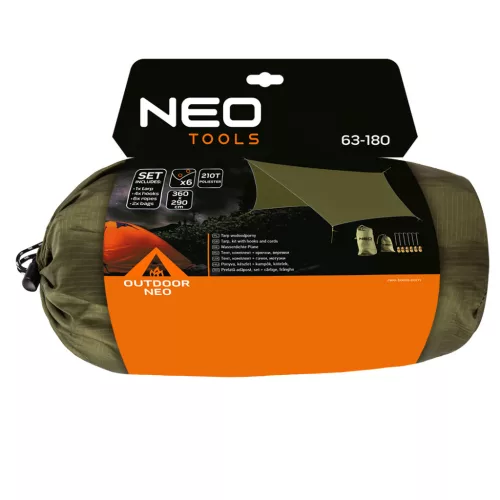 Neo Tools Túlélő kemping ponyva, vízálló, 360X290CM, 210T/2000 PU anyag, horgok, kötelek, 2 szállítózsák