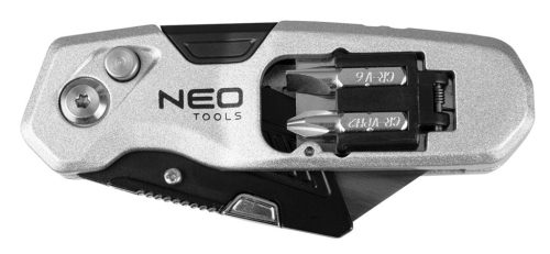 Neo Tools Trapézpengés kés, összecsukható, alu házas, 1+3 penge, 2 db csavarhúzóbittel