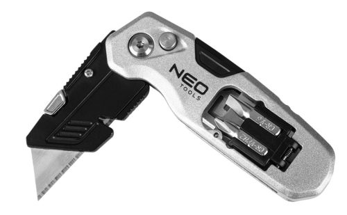 Neo Tools Trapézpengés kés, összecsukható, alu házas, 1+3 penge, 2 db csavarhúzóbittel