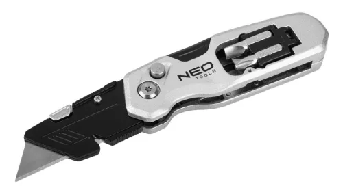 Neo Tools Trapézpengés kés, összecsukható, alu házas, 1+3 penge, 2 db csavarhúzóbittel