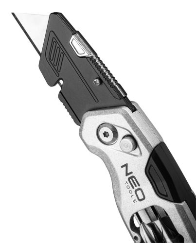 Neo Tools Trapézpengés kés, összecsukható, alu házas, 1+3 penge, 2 db csavarhúzóbittel