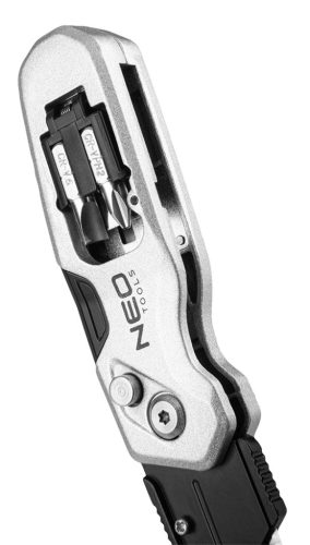 Neo Tools Trapézpengés kés, összecsukható, alu házas, 1+3 penge, 2 db csavarhúzóbittel