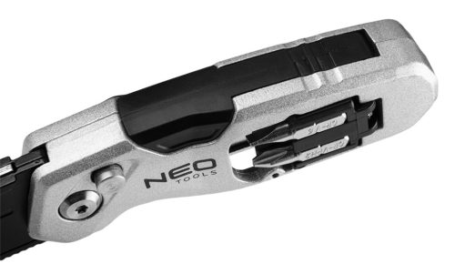 Neo Tools Trapézpengés kés, összecsukható, alu házas, 1+3 penge, 2 db csavarhúzóbittel