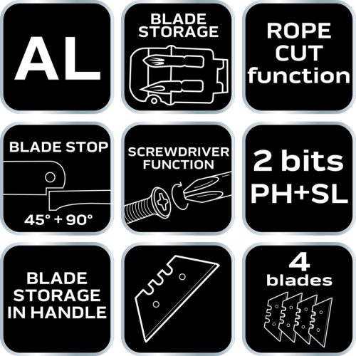 Neo Tools Trapézpengés kés, összecsukható, alu házas, 1+3 penge, 2 db csavarhúzóbittel