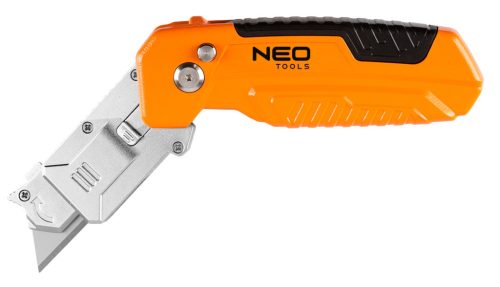 Neo Tools Trapézpengés kés, 90 fokban elfordítható fejjel, vágó és kaparó funkció, összecsukható, aluházas, 2db tartalék pengével