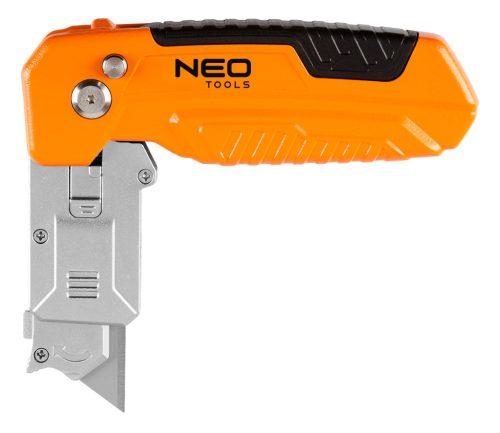 Neo Tools Trapézpengés kés, 90 fokban elfordítható fejjel, vágó és kaparó funkció, összecsukható, aluházas, 2db tartalék pengével