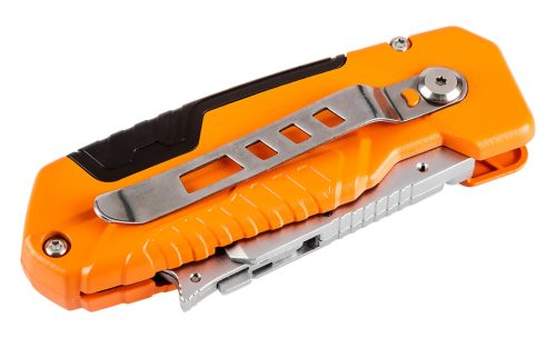 Neo Tools Trapézpengés kés, 90 fokban elfordítható fejjel, vágó és kaparó funkció, összecsukható, aluházas, 2db tartalék pengével