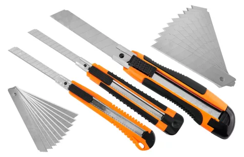 Neo Tools Törhető pengés kés készlet, 2db 9mm-es és 1db 18mm-es kés, 10db 18mm-es és 10db 9mm-es pótpenge