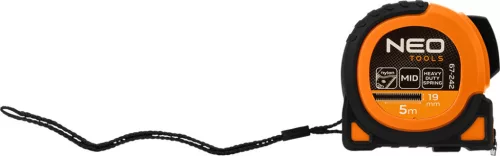 Neo Tools Mérőszalag, 5m/19mm, erősített rugós, acél, fekete szalag fehér nagyított skálával, mágneses, autostop+rögzítő