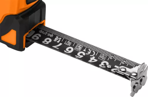 Neo Tools Mérőszalag, 5m/19mm, erősített rugós, acél, fekete szalag fehér nagyított skálával, mágneses, autostop+rögzítő