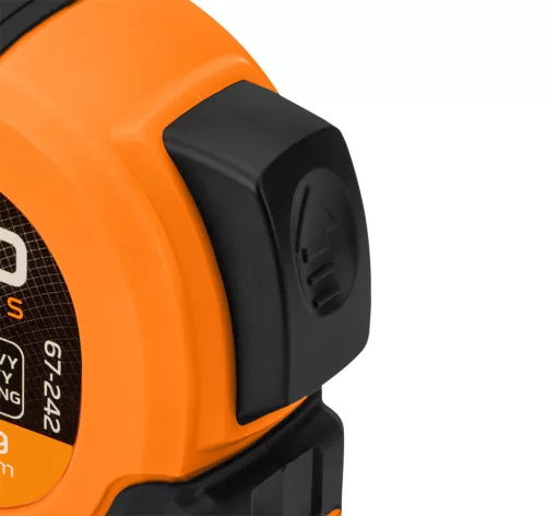 Neo Tools Mérőszalag, 5m/19mm, erősített rugós, acél, fekete szalag fehér nagyított skálával, mágneses, autostop+rögzítő