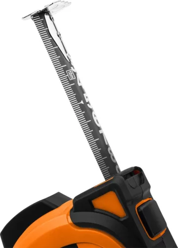 Neo Tools Mérőszalag, 7,5m/25mm, erősített rugós, acél, fekete szalag fehér nagyított skálával, mágneses, autostop+rögzítő