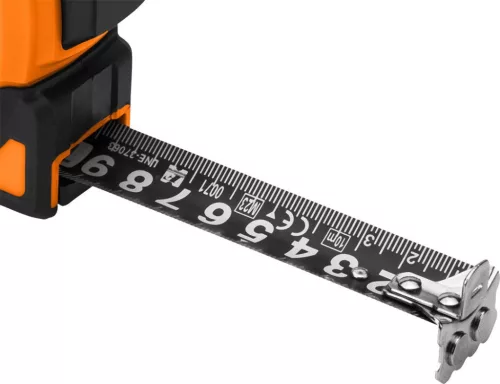 Neo Tools Mérőszalag, 10m/25mm, erősített rugós, acél, fekete szalag fehér nagyított skálával, mágneses, autostop+rögzítő