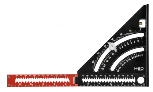 Neo Tools Talpas derékszög, alumínium, kiegészítő vonalzóval, 45 fokos szárral, mérőskálával, 185mm