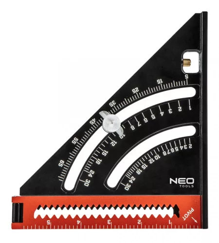Neo Tools Talpas derékszög, alumínium, kiegészítő vonalzóval, 45 fokos szárral, mérőskálával, 185mm