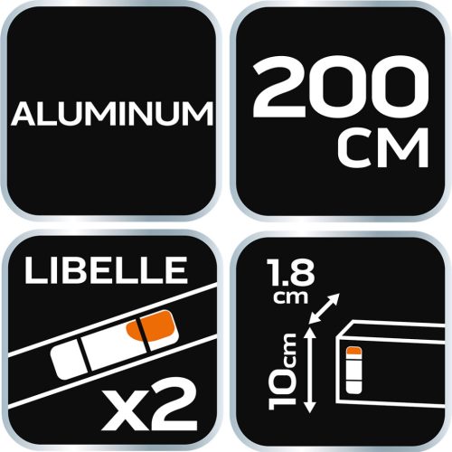 Neo Tools Ölesléc, 200cm - 2 libella, vízszintes, függőleges