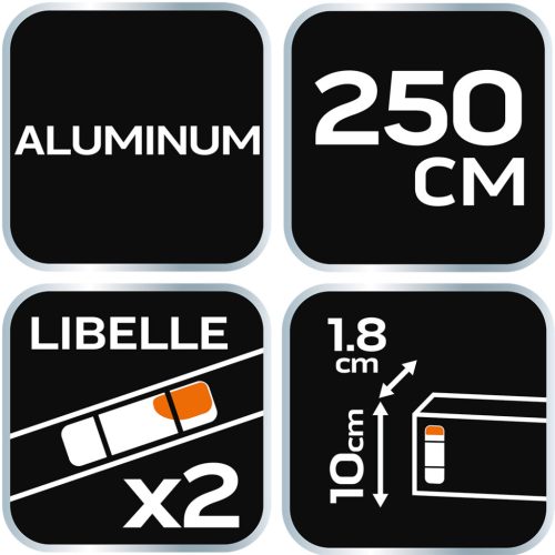 Neo Tools Ölesléc, 250cm - 2 libella, vízszintes, függőleges