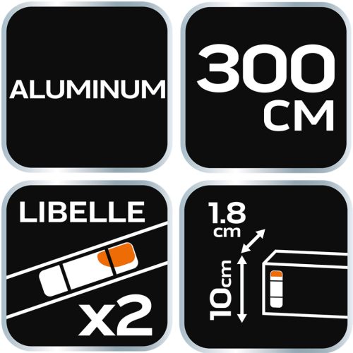 Neo Tools Ölesléc, 300cm - 2 libella, vízszintes, függőleges