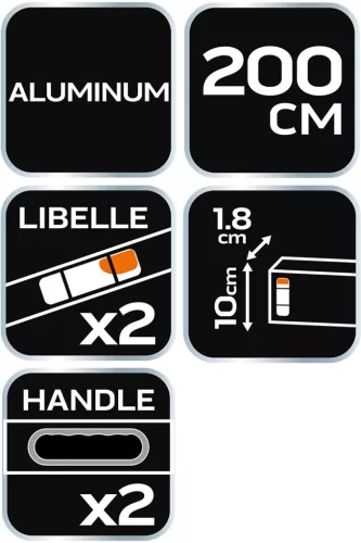 Neo Tools Ölesléc, 200cm- 2 libella, vízszintes, függőleges, 2 fogantyú