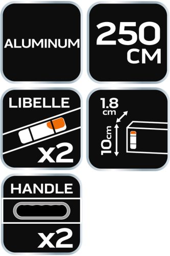 Neo Tools Ölesléc, 250cm- 2 libella, vízszintes, függőleges, 2 fogantyú