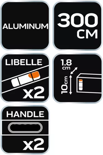 Neo Tools Ölesléc, 300cm- 2 libella, vízszintes, függőleges, 2 fogantyú